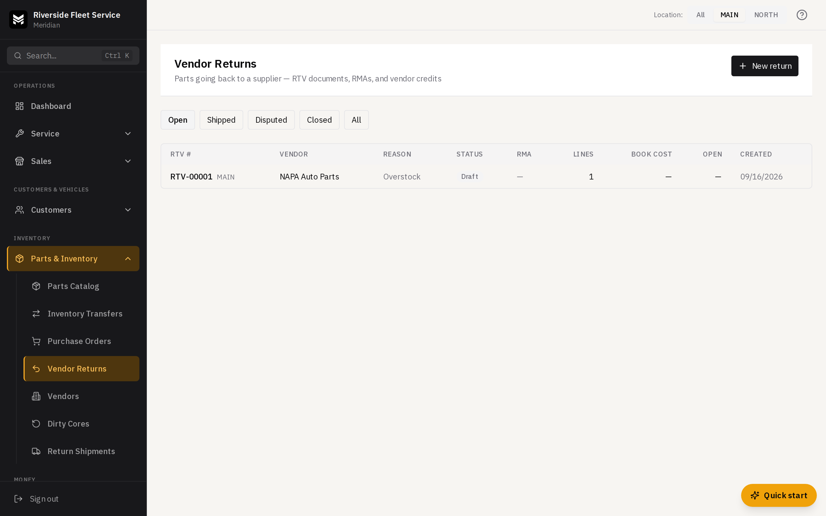 The vendor returns list with status tabs and the open claims total
