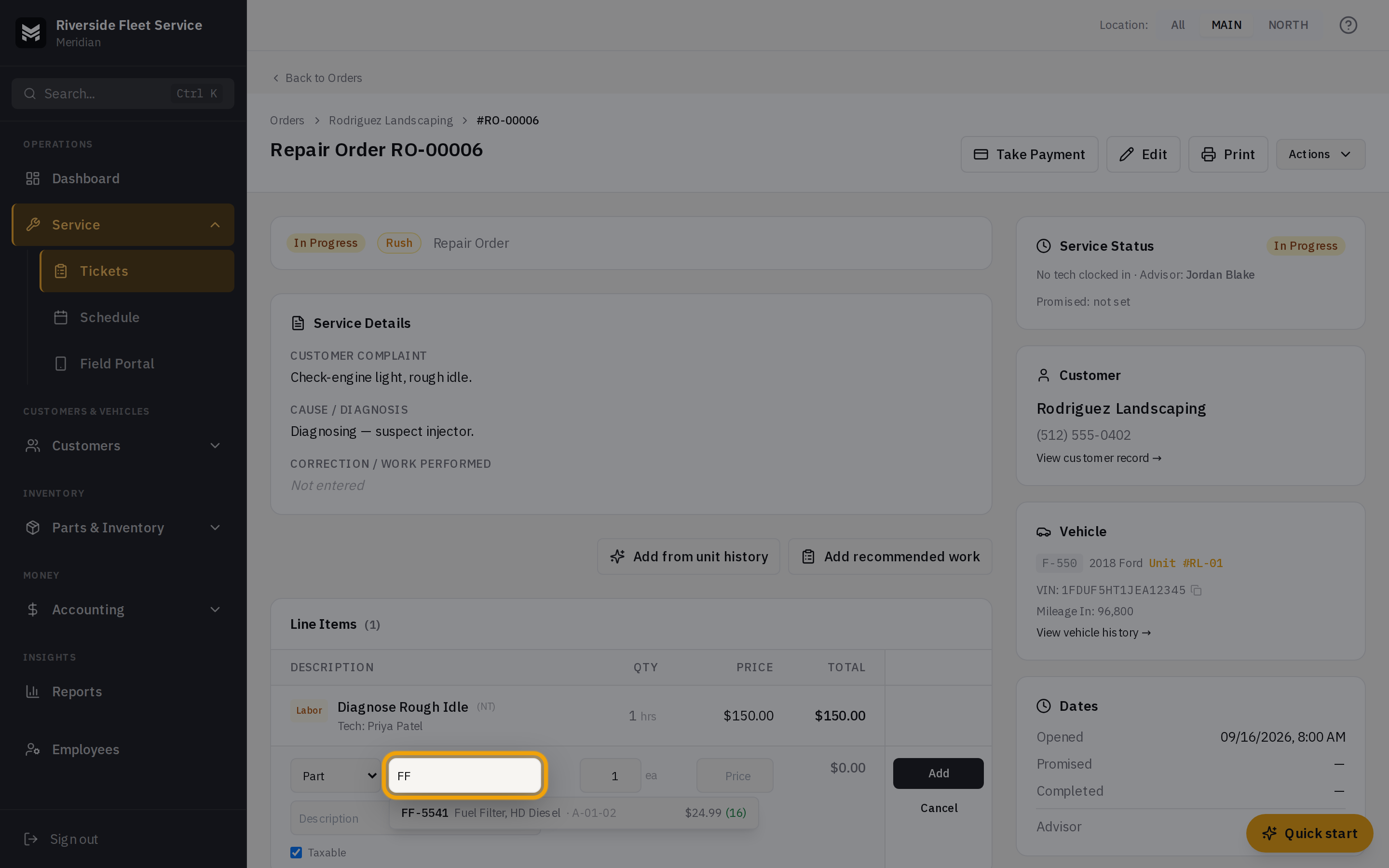 The part search dropdown on an order showing results with a green on-hand count, an amber Out here availability badge, and KIT and CORE tags