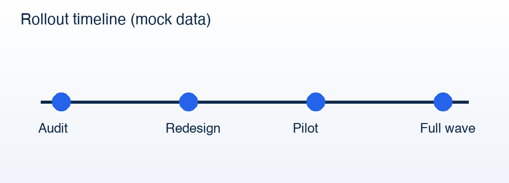 Timeline of the four rollout stages: audit, redesign, pilot, full wave