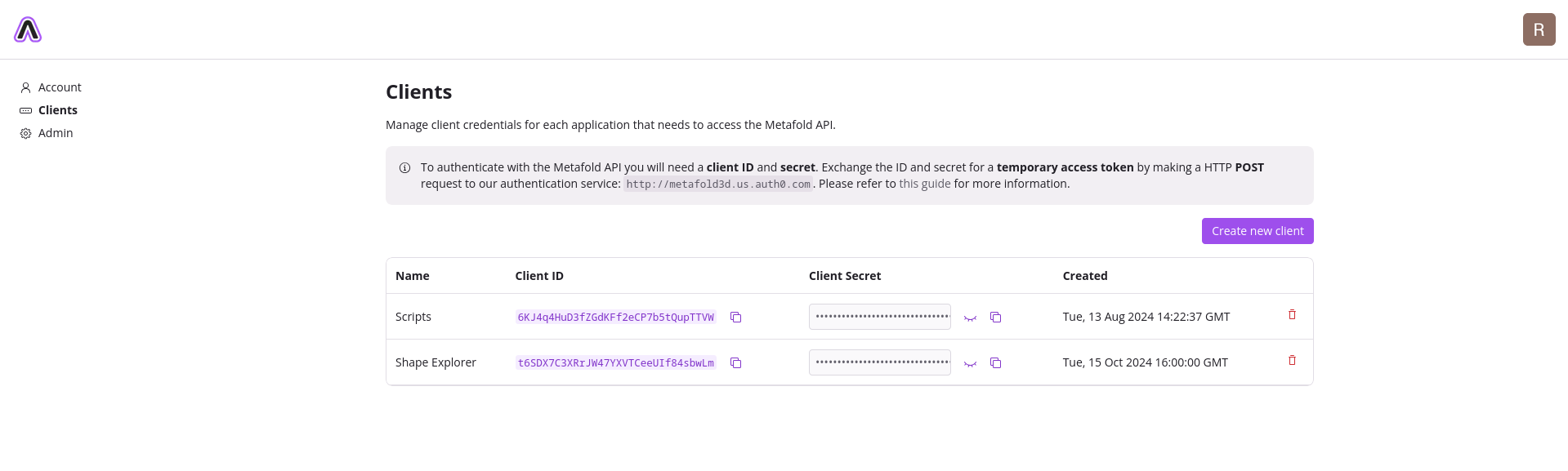 Create client page on Metafold account dashboard