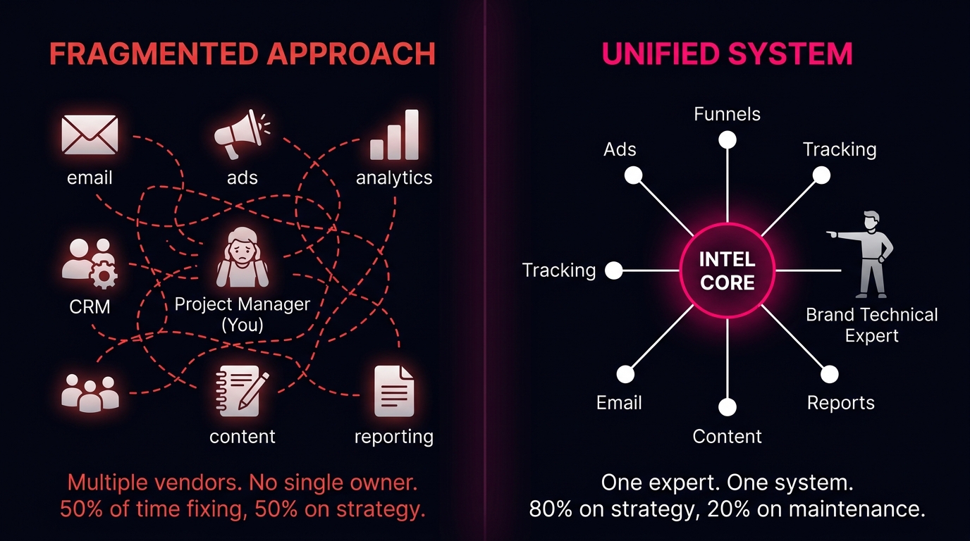 Before/after diagram — left side shows scattered vendors with tangled lines in red, right side shows unified hub-and-spoke
system with one Brand Technical Expert in magenta