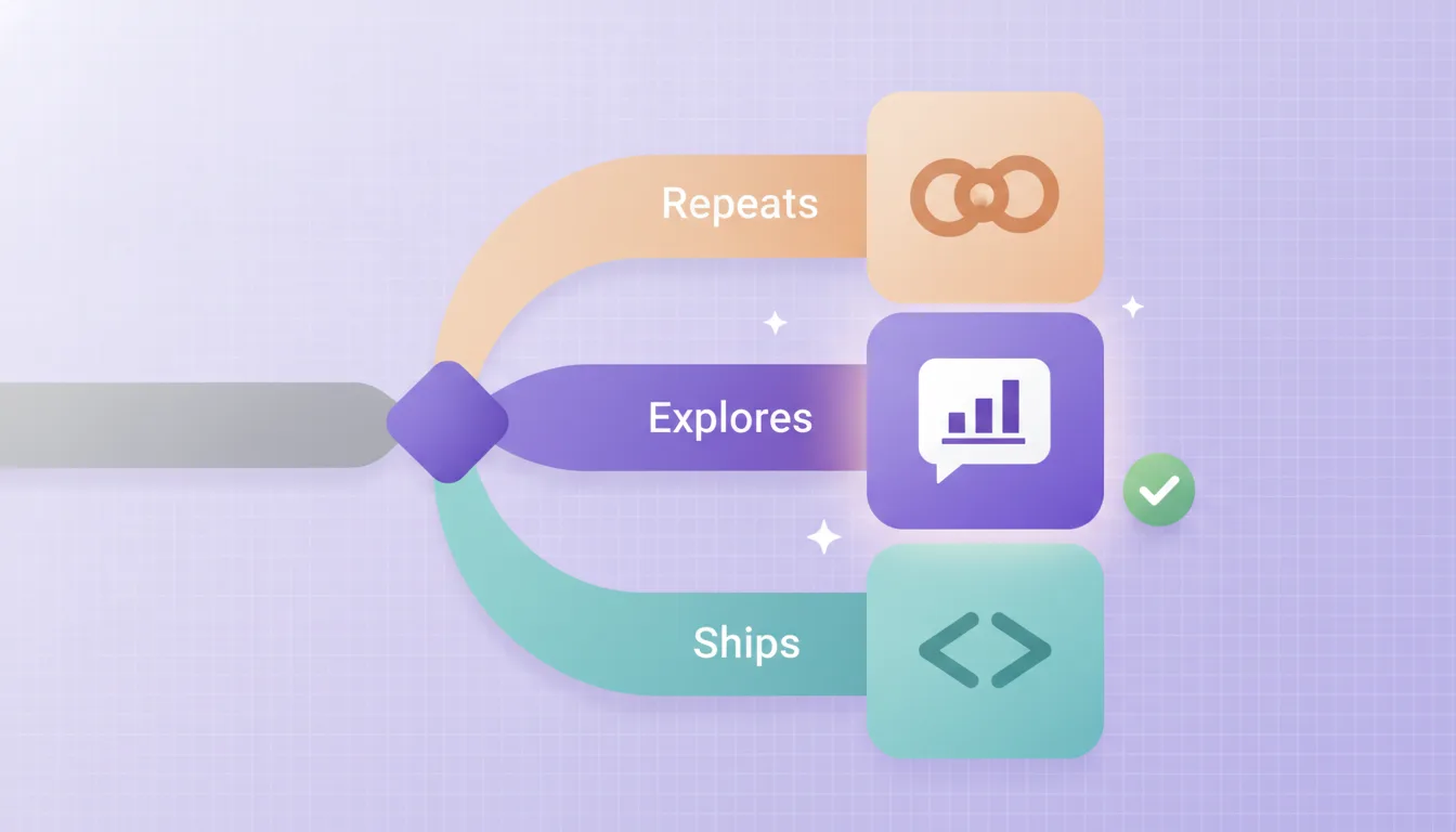 Generate an illustrated image in 16:9. A decision tree. One thick grey ribbon enters from the left and splits at a small violet diamond into three paths. The upper path, labelled "Repeats", leads to a pastel amber squircle tile holding three linked circles. The middle path widens into a violet-to-indigo gradient ribbon with a warm halo, labelled "Explores", leading to a larger violet gradient tile holding a white speech bubble with a small bar chart. The lower path, labelled "Ships", leads to a pastel teal tile holding a pair of angle brackets. A small green checkmark badge sits beside the middle tile. Soft modern SaaS illustration on a light lavender gradient background from
#EDEBFB to
#DCD9F5 with a very faint square grid texture. All shapes are rounded squircles with generous corner radius, each filled with a soft pastel colour and containing one simple darker tonal line icon in a deeper shade of the same colour, with soft diffuse drop shadows and no outlines. Connector lines are thick smooth ribbons with rounded caps, each in the same pastel colour as the tile it leaves. Small white four-pointed sparkles and tiny white dots scatter lightly around the focal point. Friendly, clean, generous spacing, no hard strokes, no flat line-art, no dark background. Keep all spellings correct. No brand logos, no real company marks.