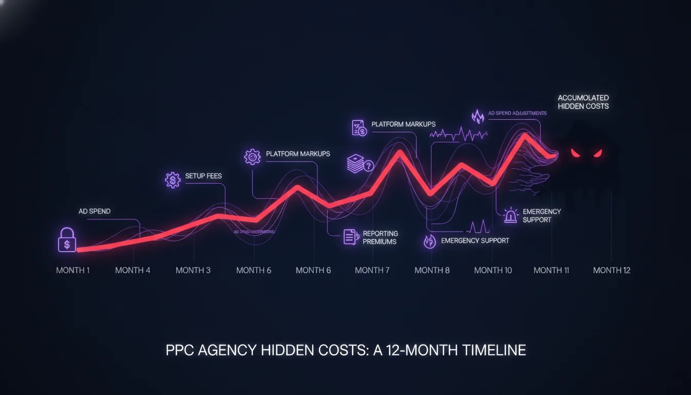 Timeline showing PPC agency hidden costs accumulating over 12 months — setup fees, platform markups, reporting premiums, emergency support, and ad spend adjustments
