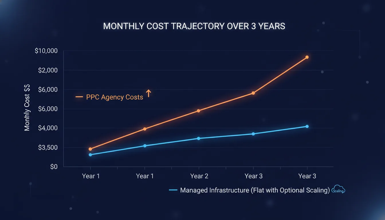 Line graph showing cost trajectory over 3 years with PPC agency costs climbing from $5,000 to $8,000+ per month while managed infrastructure stays flat at $3,500/month with optional scaling