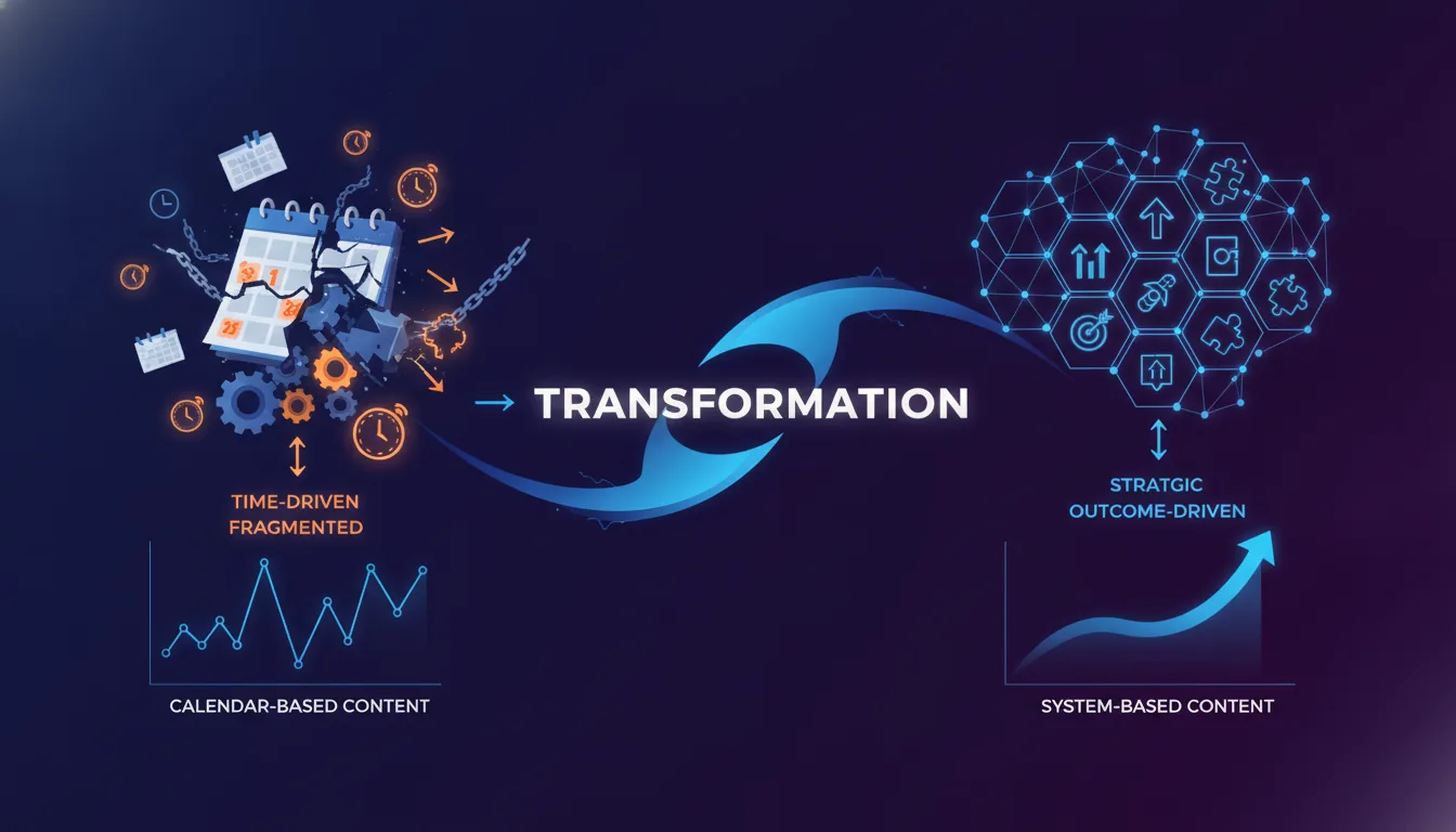 Transformation graphic showing shift from calendar-based content (fragmented, time-driven) on left to system-based content (strategic, outcome-driven) on right