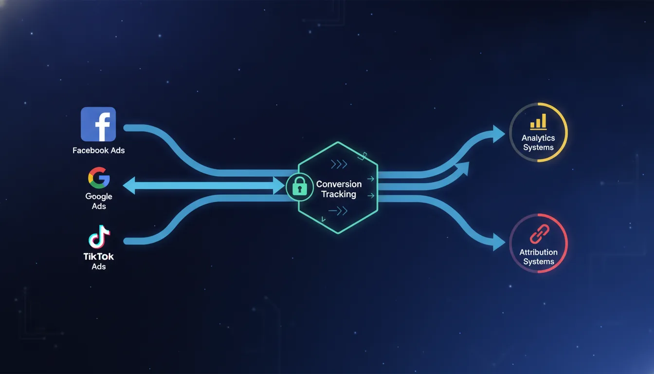 Data flow diagram showing ad platforms feeding into conversion tracking, then flowing to analytics and attribution systems