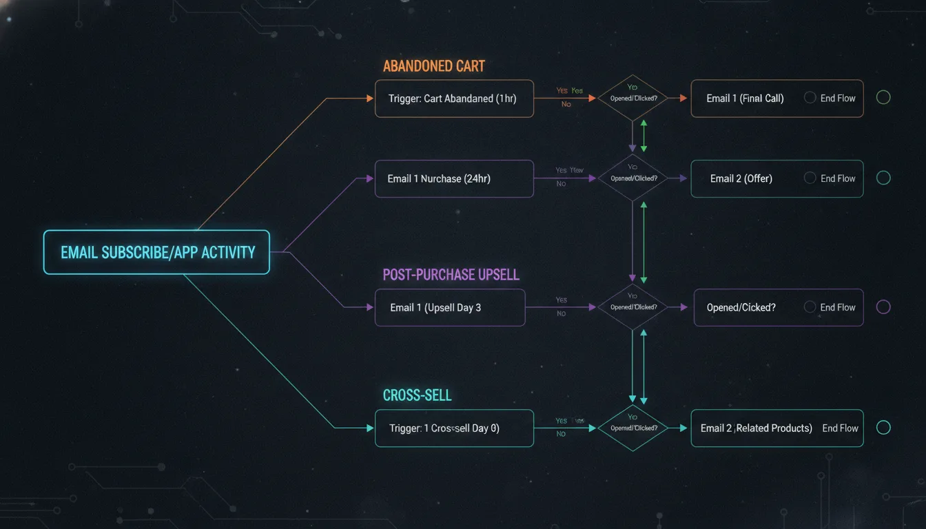 Email automation workflow diagram showing triggered sequences— abandoned cart (1hr, 24hr, 48hr), post-purchase upsell (day 3, day 7), and cross-sell (day 14) with open/click conditions