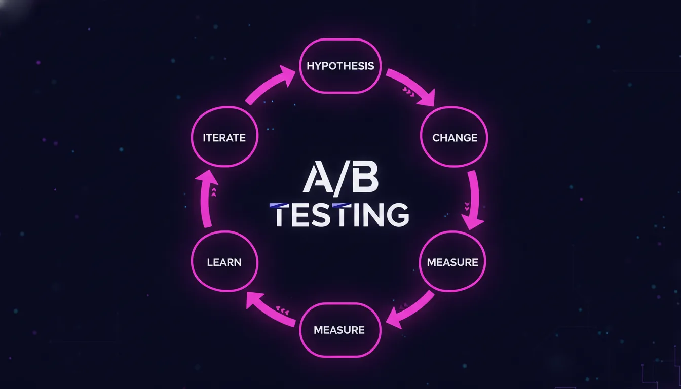 Circular A/B testing cycle diagram showing Hypothesis, Change, Measure, Learn, and Iterate steps in a continuous loop with magenta arrows connecting each phase (Do not make mistakes with spellings)