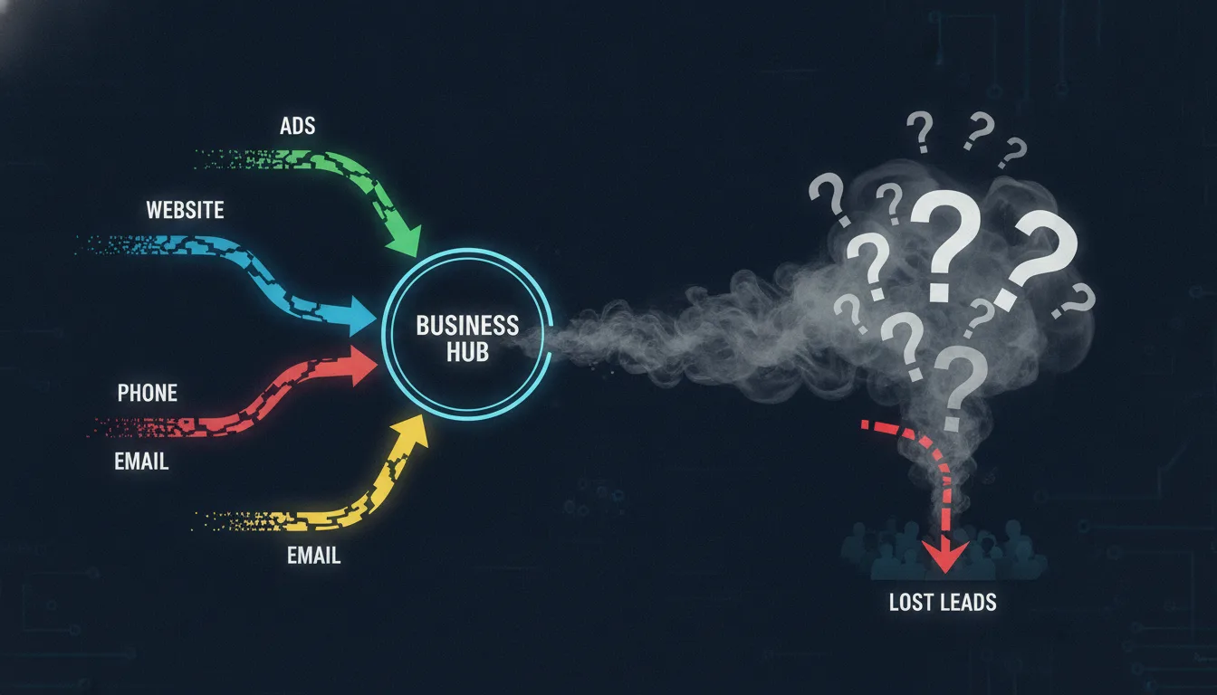 Diagram of a single location showing lead sources (Ads, Website, Phone, Email) arriving with no tracking, leading to question marks and lost leads