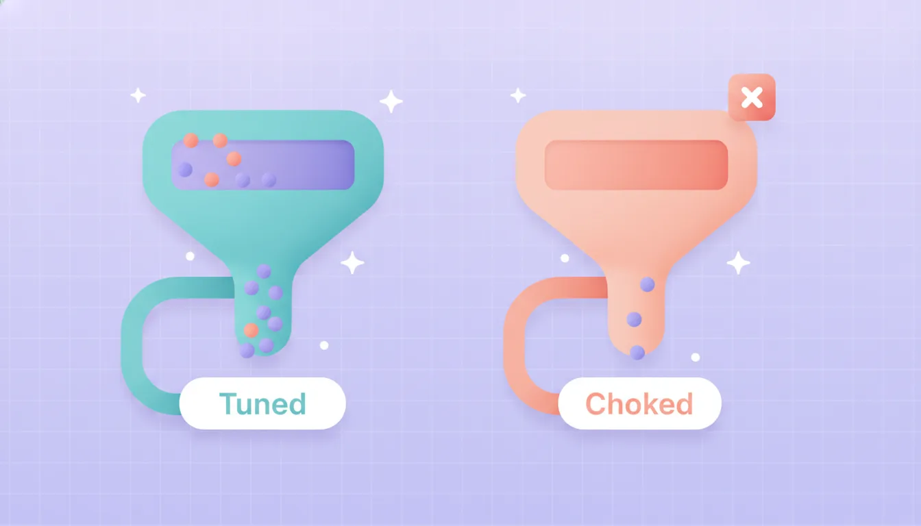 Generate an illustrated image in 16:9. two funnels side by side; the left has a moderate violet-to-indigo gradient filter bar catching a few coral dots while many violet dots pass, labelled "Tuned"; the right has a much wider solid coral bar catching almost everything with only two violet dots passing, labelled "Choked"; a small coral cross badge sits above the right funnel. Soft modern SaaS illustration on a light lavender gradient background from #EDEBFB to #DCD9F5 with a very faint square grid texture. All shapes are rounded squircles with generous corner radius, each filled with a soft pastel colour and containing one simple darker tonal line icon in a deeper shade of the same colour, with soft diffuse drop shadows and no outlines. Connector lines are thick smooth ribbons with rounded caps, each in the same pastel colour as the tile it leaves. Small white four-pointed sparkles and tiny white dots scatter lightly around the focal point. Friendly, clean, generous spacing, no hard strokes, no flat line-art, no dark background. Keep all spellings correct. No brand logos, no real company marks.