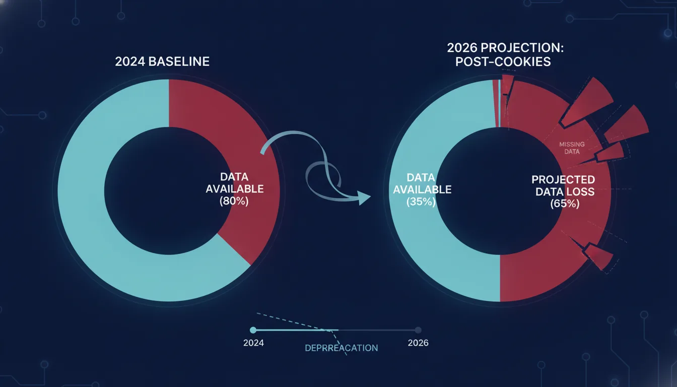 Generate an illustrated image in dark background in wide format with aspect ratio 16:9 for prompt: A visual showing data loss percentages over time as cookies deprecate. Left chart shows 2024 baseline, right chart shows 2026 projection with missing data segments highlighted.