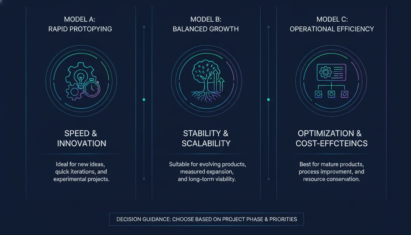 Generate an illustrated image in dark background with aspect ratio 16:9 for the prompt: Side-by-side summary showing the three models with one-line value propositions and decision guidance