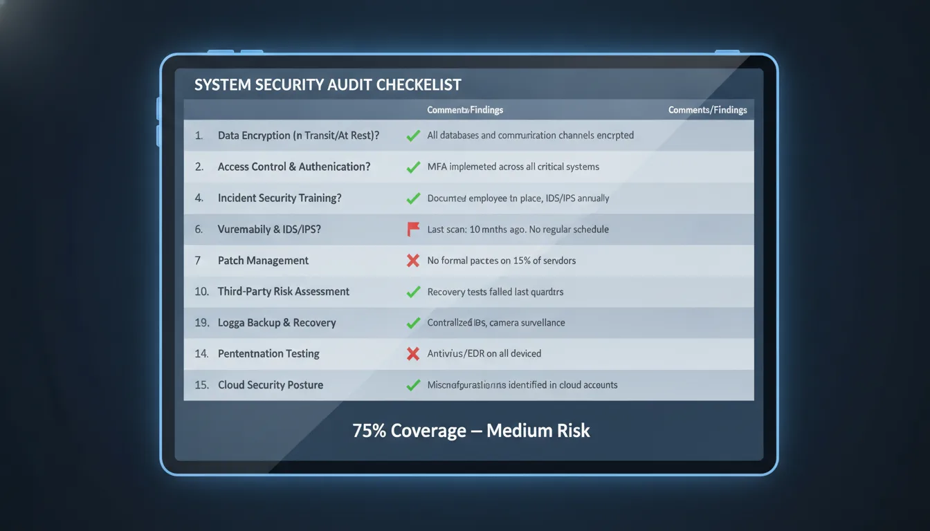 A completed audit checklist showing a real-world example with all boxes filled, mixed green checkmarks and red flags, and a score at the bottom (e.g., "75% Coverage — Medium Risk").