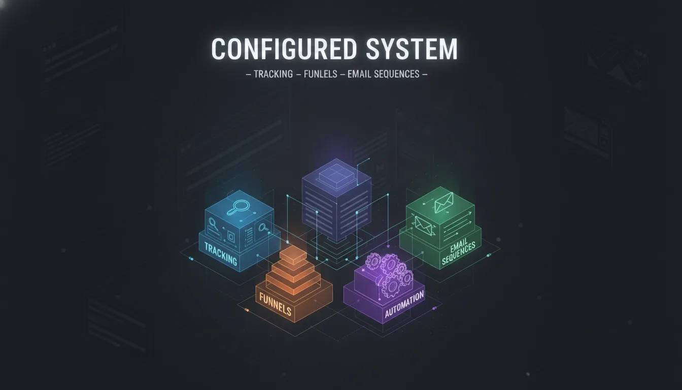 Generate an illustrated image with background color: #0c0e12 for the following prompt:
Diagram showing interconnected building blocks — tracking,
            funnels, automation, email sequences — being assembled into
            a configured system