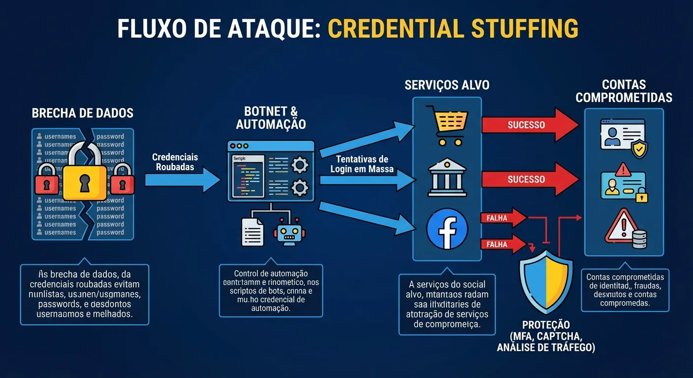 Diagrama de fluxo de ataque credential stuffing em streaming