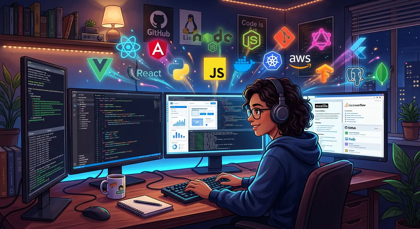 Desenvolvedor escolhendo frameworks essenciais para stack tecnológica