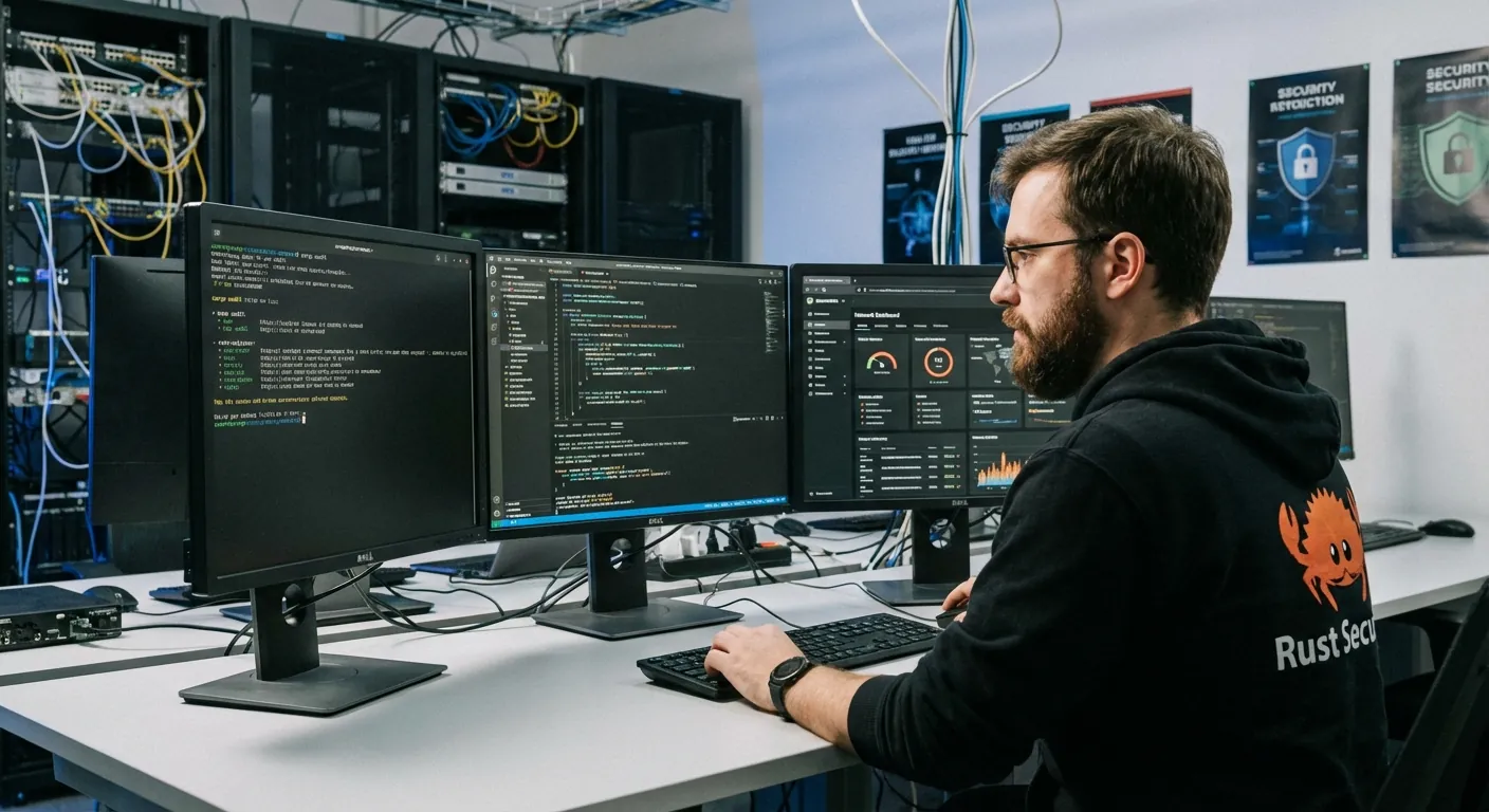 Desenvolvedor escrevendo código Rust em um ambiente seguro