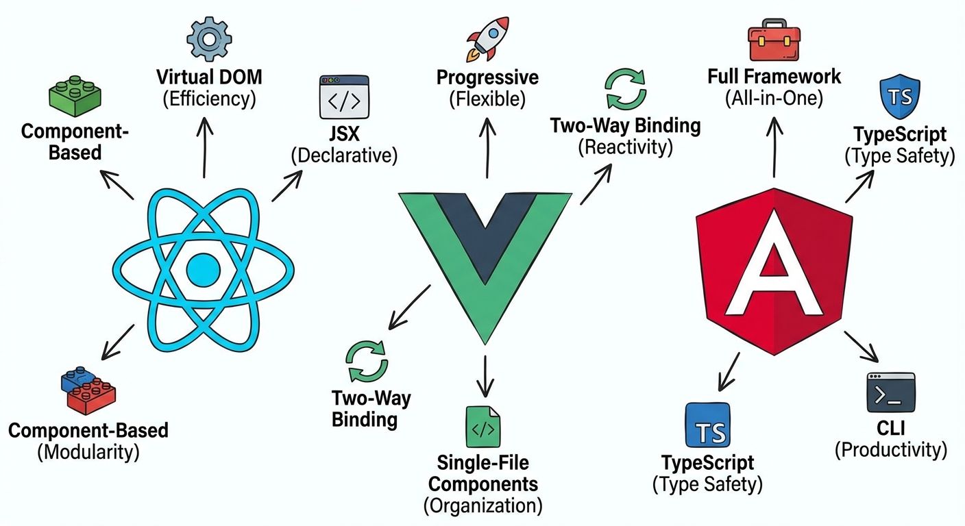 Comparativo dos frameworks front-end mais populares: React, Vue e Angular.