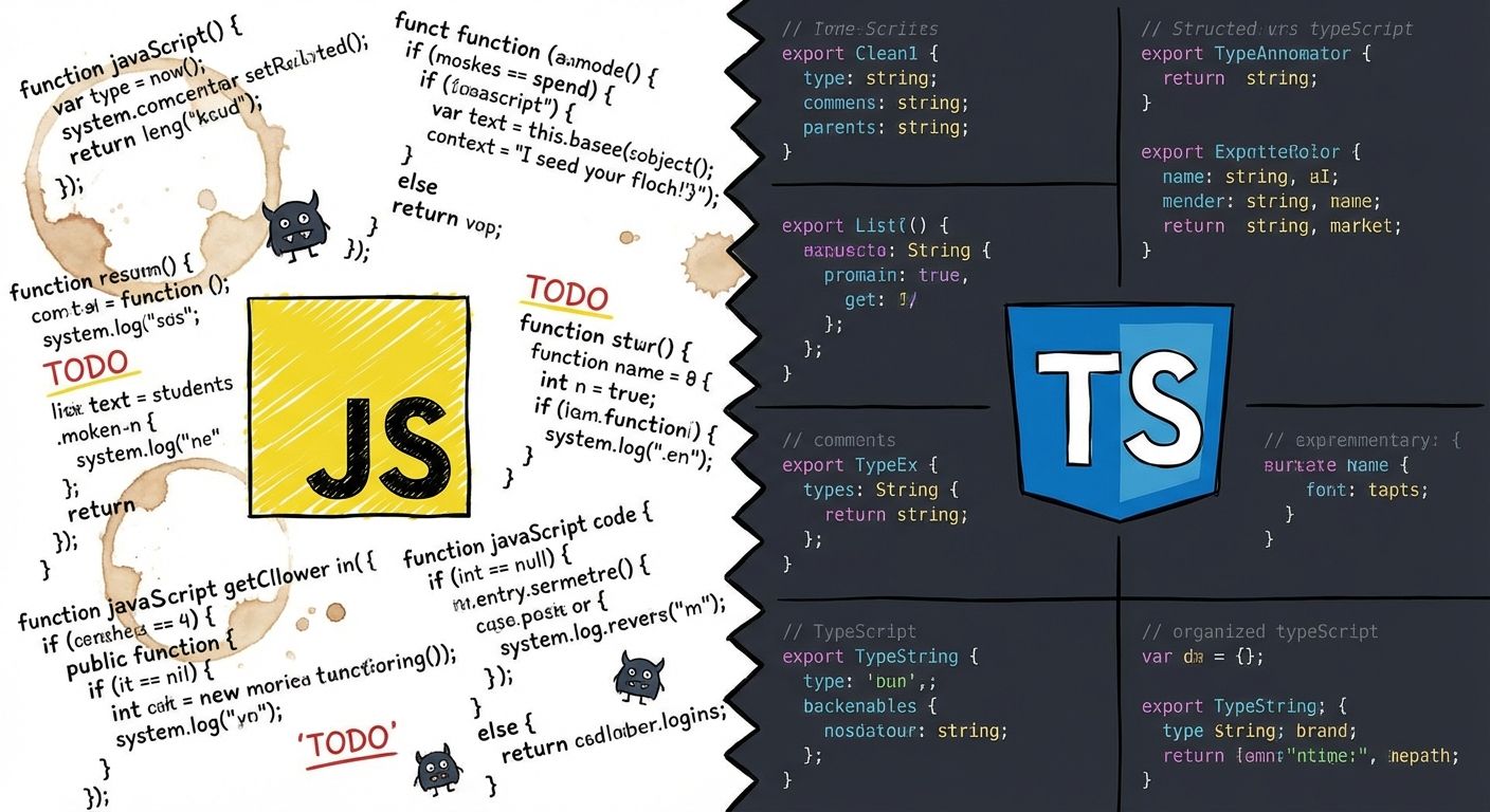 Comparação visual entre código JavaScript e TypeScript