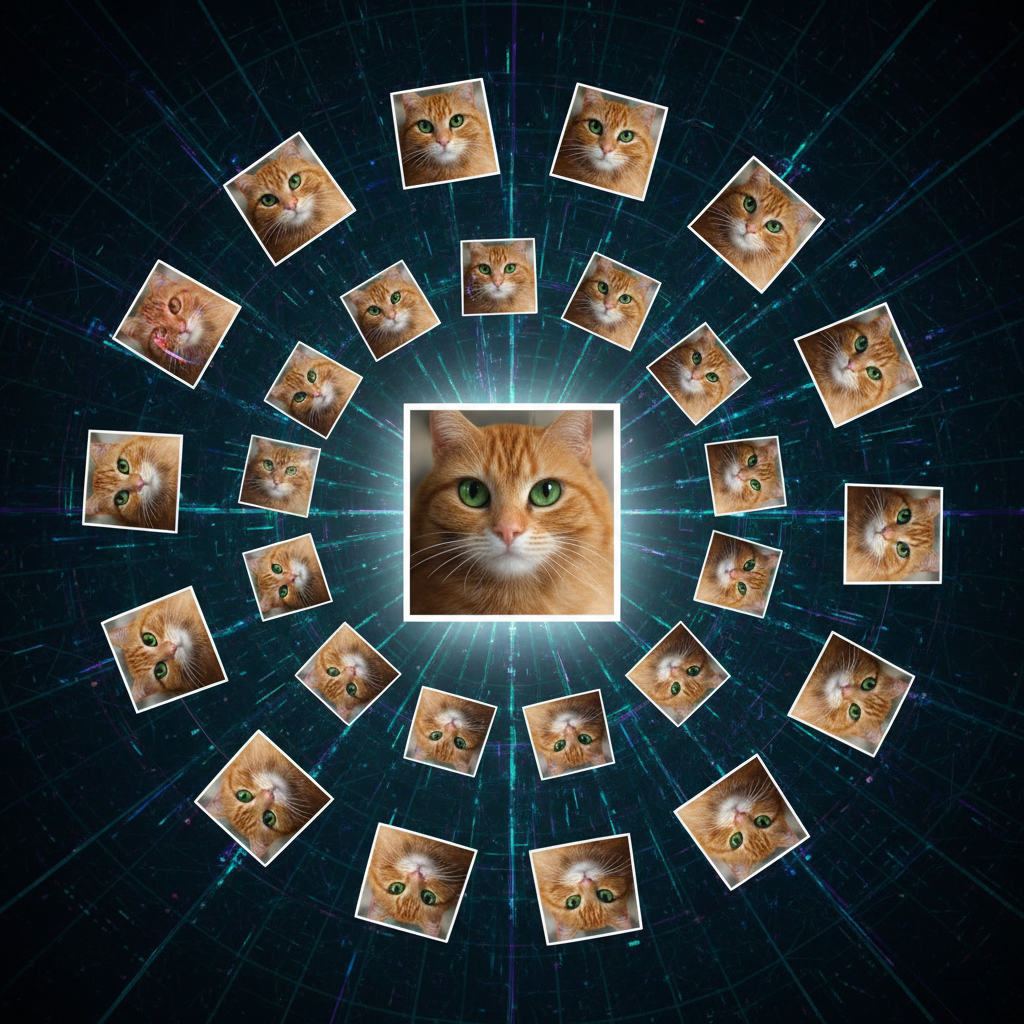 Infográfico mostrando o conceito de aumento de dados com uma imagem central de um gato gerando múltiplas variações para treinar uma inteligência artificial.