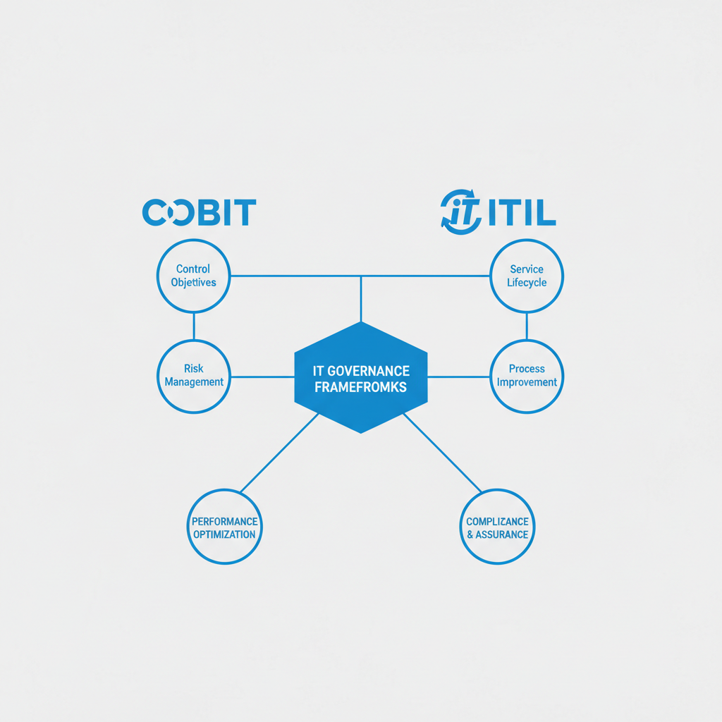Infográfico mostrando a relação entre os frameworks de Governança de TI, COBIT e ITIL, e seus principais conceitos de controle e gestão de serviços.