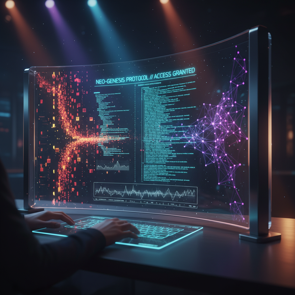 Visualização dinâmica de um console, com código, fluxos de dados e conexões de rede.
