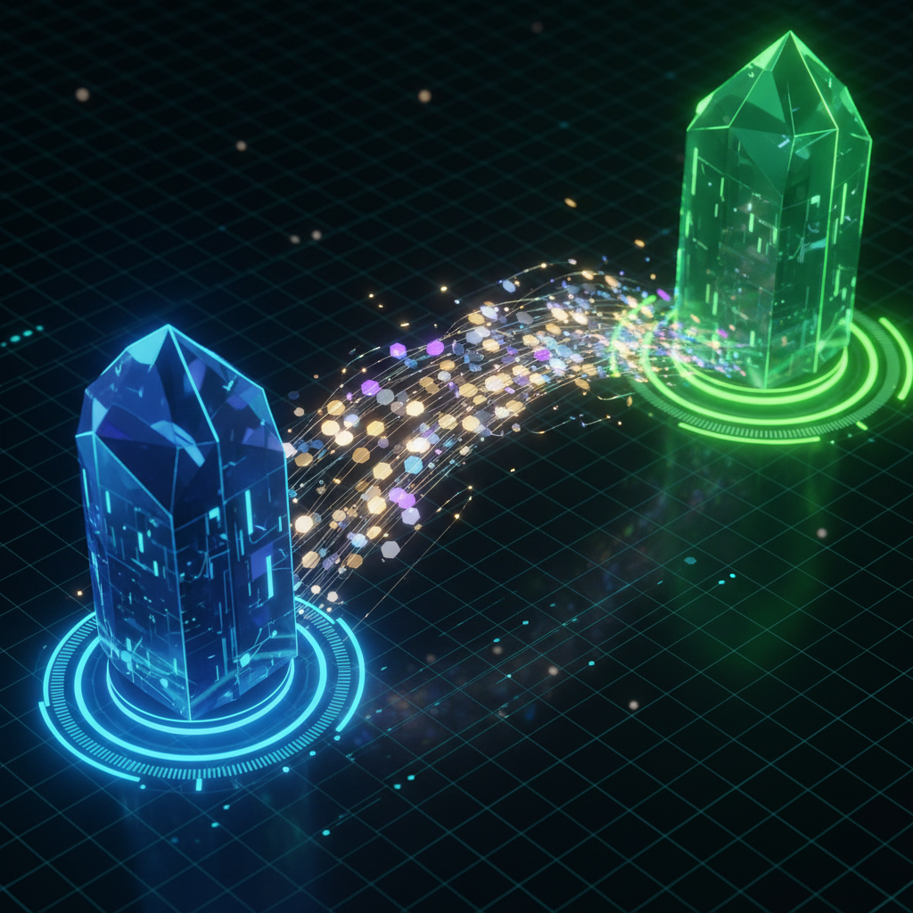 Ilustração do protocolo IBC (Inter-Blockchain Communication) conectando duas blockchains distintas através de uma ponte de dados.