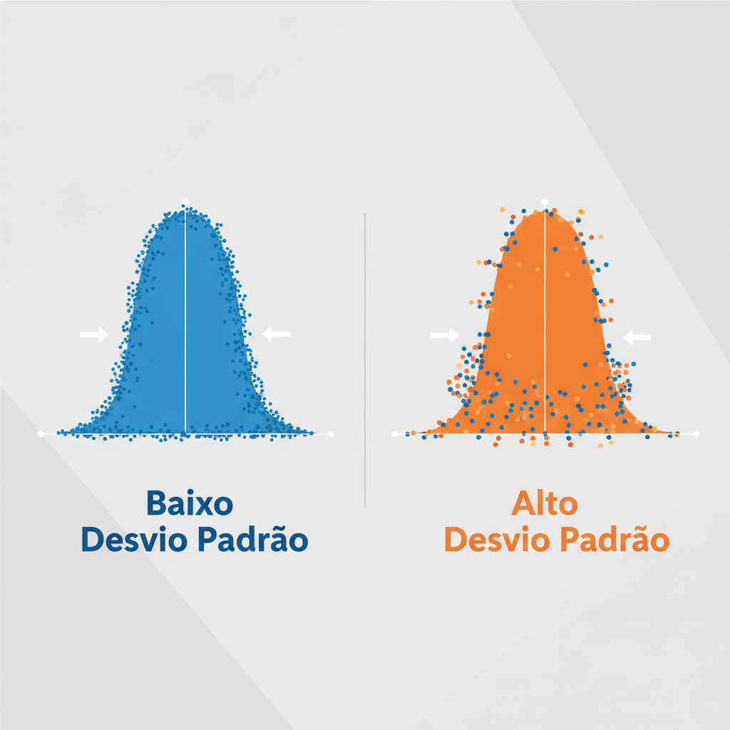 Infográfico comparando uma curva de sino com baixo desvio padrão (estreita e alta) e uma com alto desvio padrão (larga e baixa).