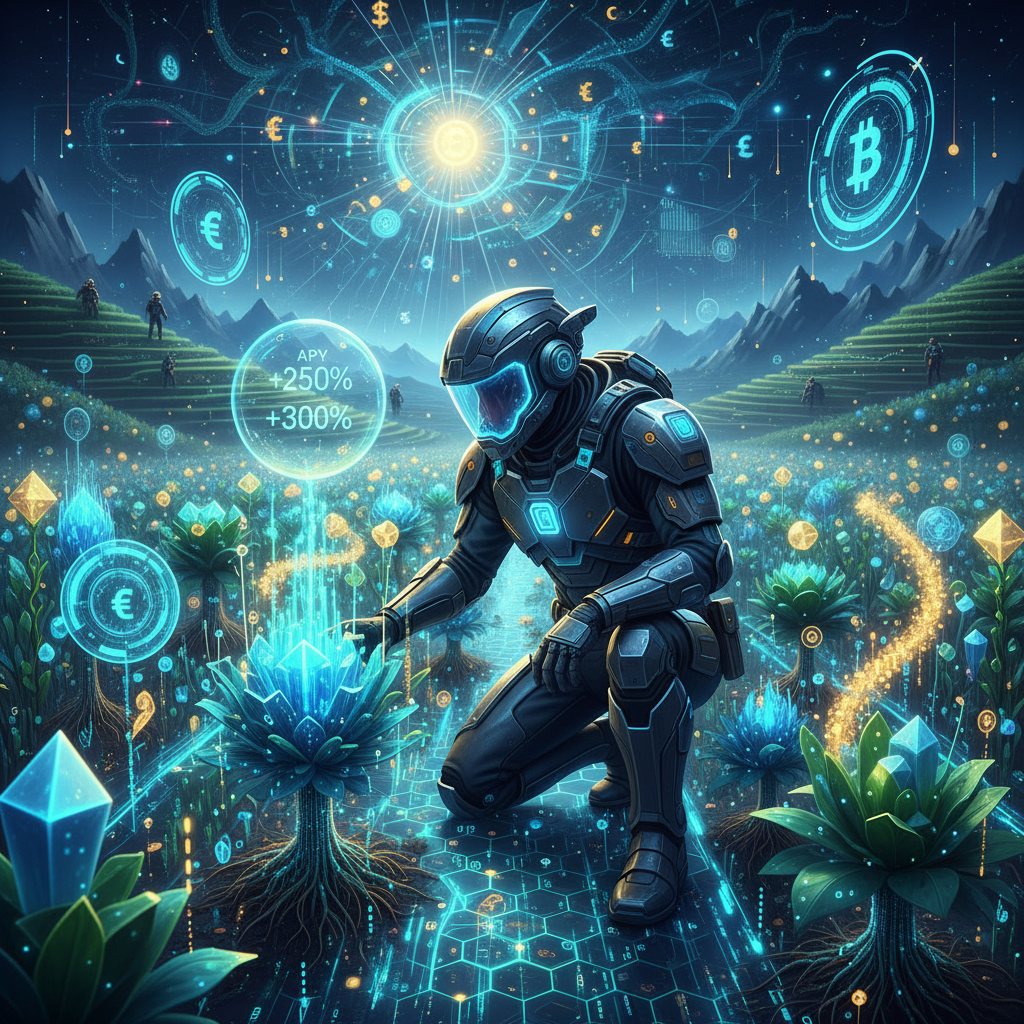 Conceito de Yield Farming com agricultor digital cuidando de plantações virtuais.