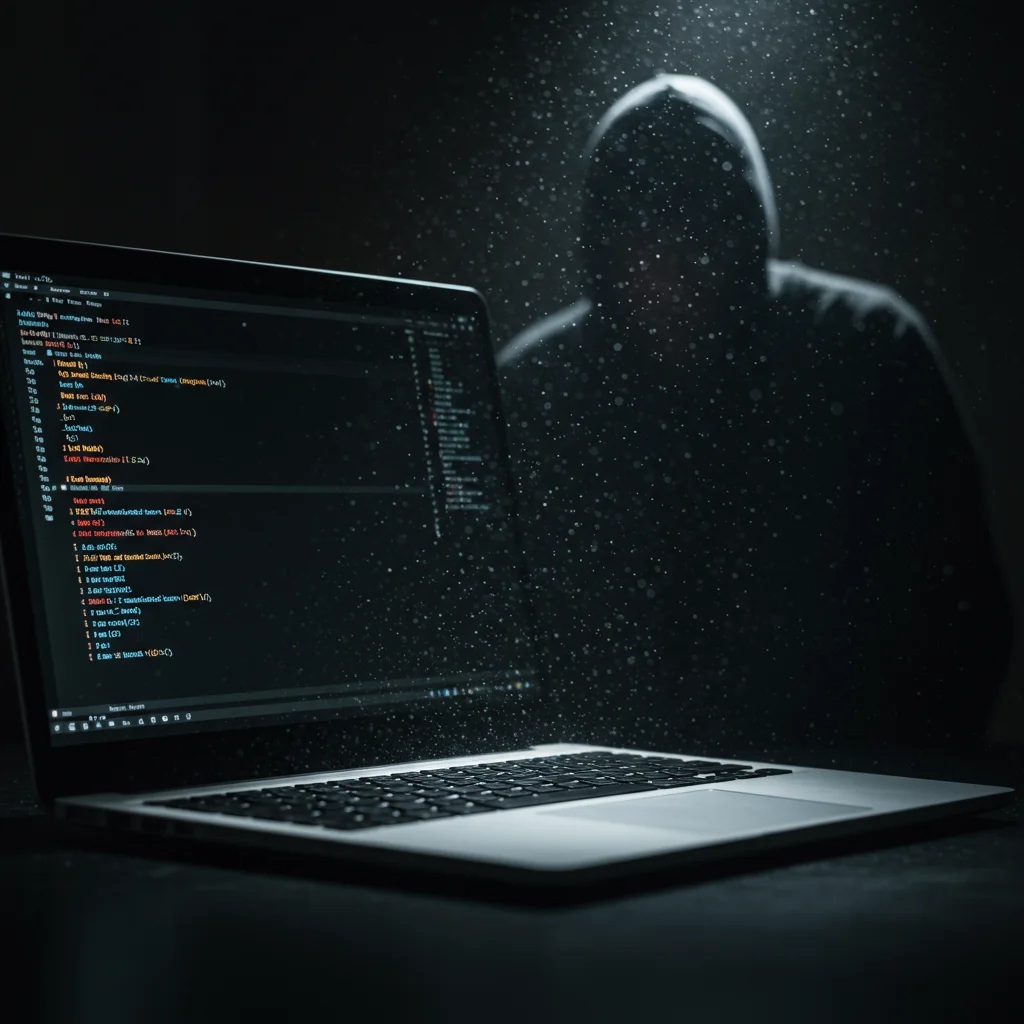 Imagem representando o conceito de WEP Cracking, com um laptop e uma figura sombria ao fundo.