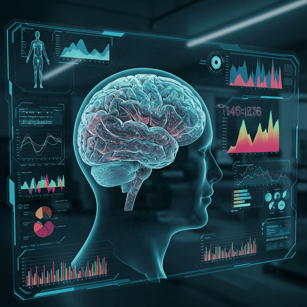 Interface médica futurista exibindo um modelo 3D de um cérebro humano com várias visualizações de dados coloridas e ferramentas de análise sobrepostas.