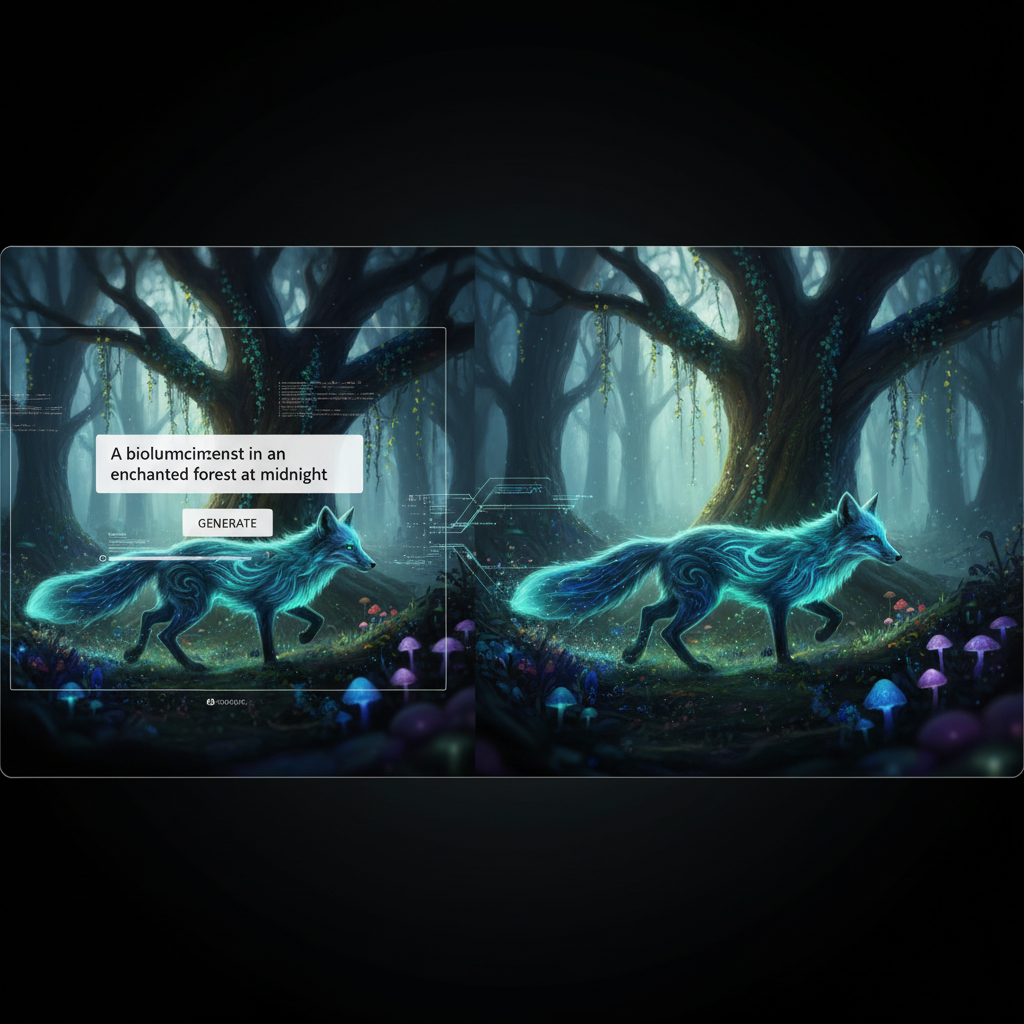 Imagem gerada por IA de uma raposa com pelos bioluminescentes em uma floresta escura, demonstrando o poder da criação a partir de texto.