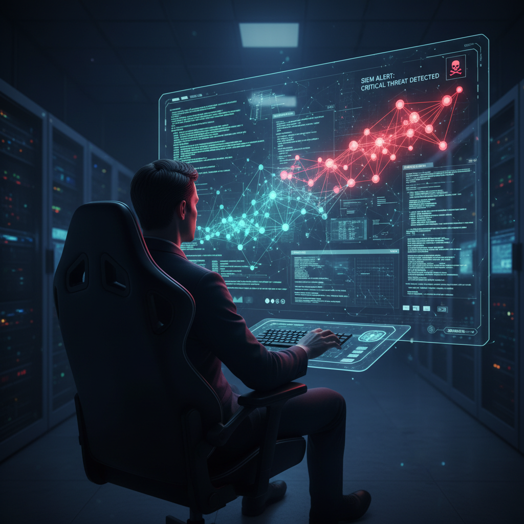 Analista de segurança monitorando um painel SIEM que correlaciona eventos e destaca uma ameaça em tempo real.