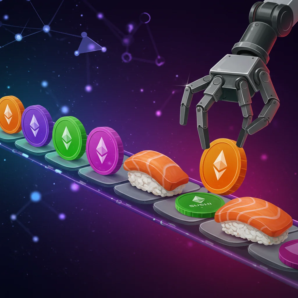 SushiSwap Automated Market Maker visualized as a conveyor belt with tokens.