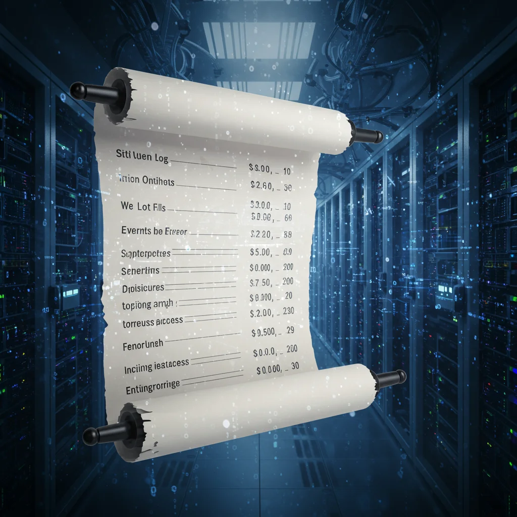 A scroll representing a log file with timestamped entries, in the background a server room.