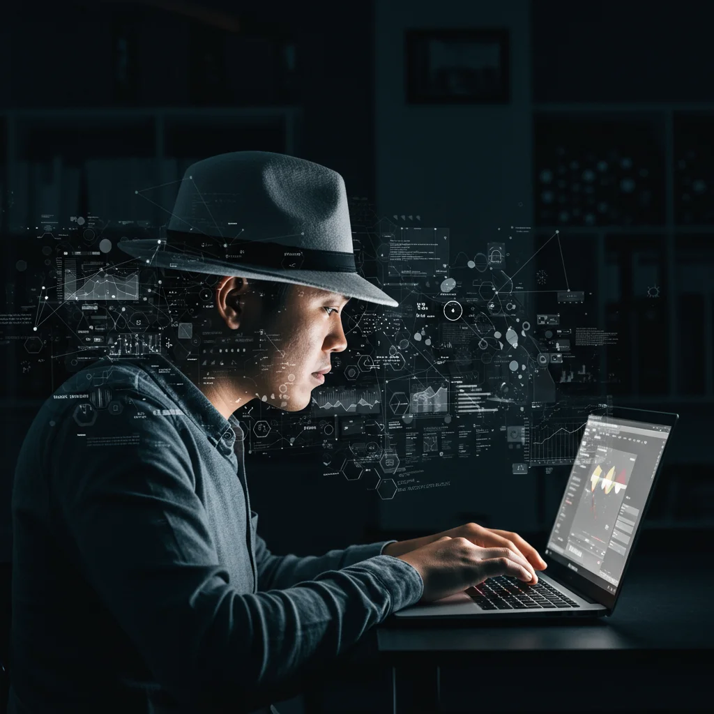 A White Hat hacker working on a laptop.