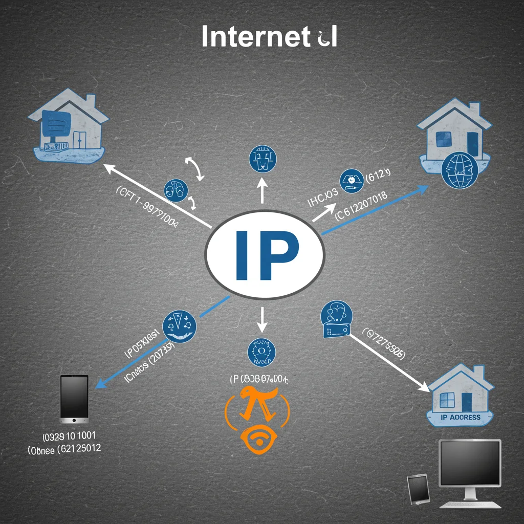 Representação visual do protocolo IP, com pacotes de dados viajando entre dispositivos na internet. Cada dispositivo possui um endereço IP único, destacado na imagem.