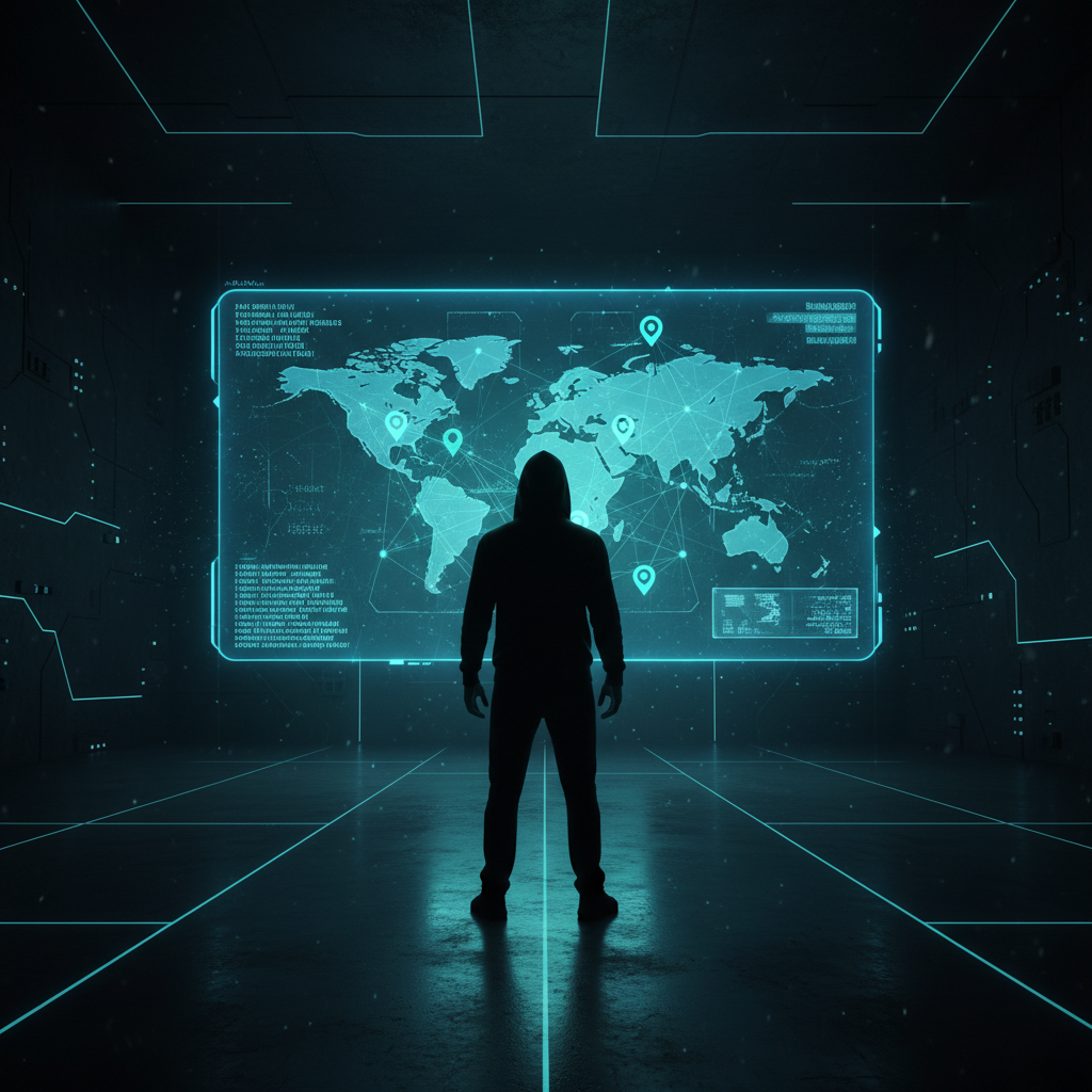 Visão geral da fase de reconhecimento, mostrando um especialista em cibersegurança analisando dados e redes de um alvo em um painel holográfico.