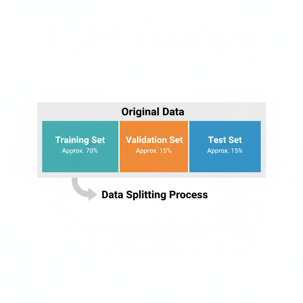 Diagrama explicando a divisão de um conjunto de dados em treino, validação e teste para modelos de machine learning.