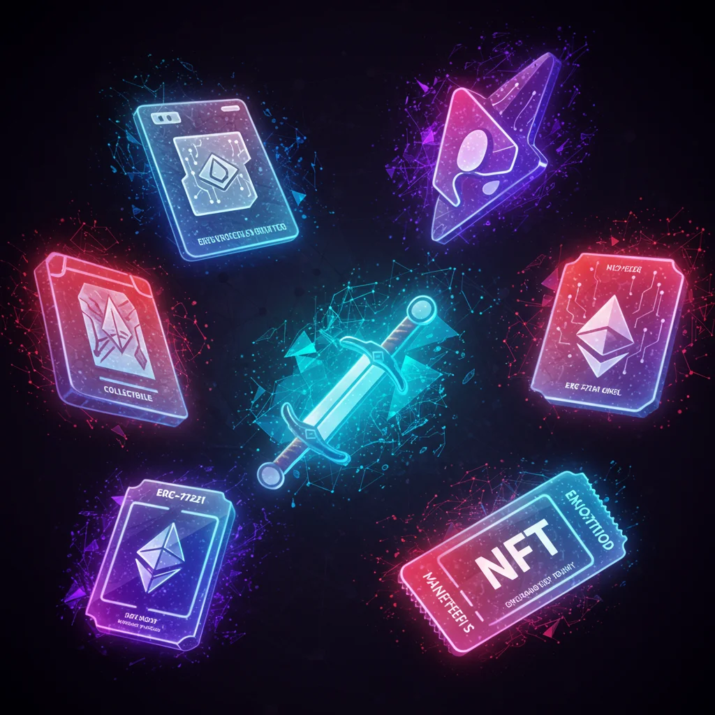 Visual representation of ERC-721 token applications, including digital art, collectible card, in-game item, and event ticket, overlaid on an abstract Ethereum blockchain background.