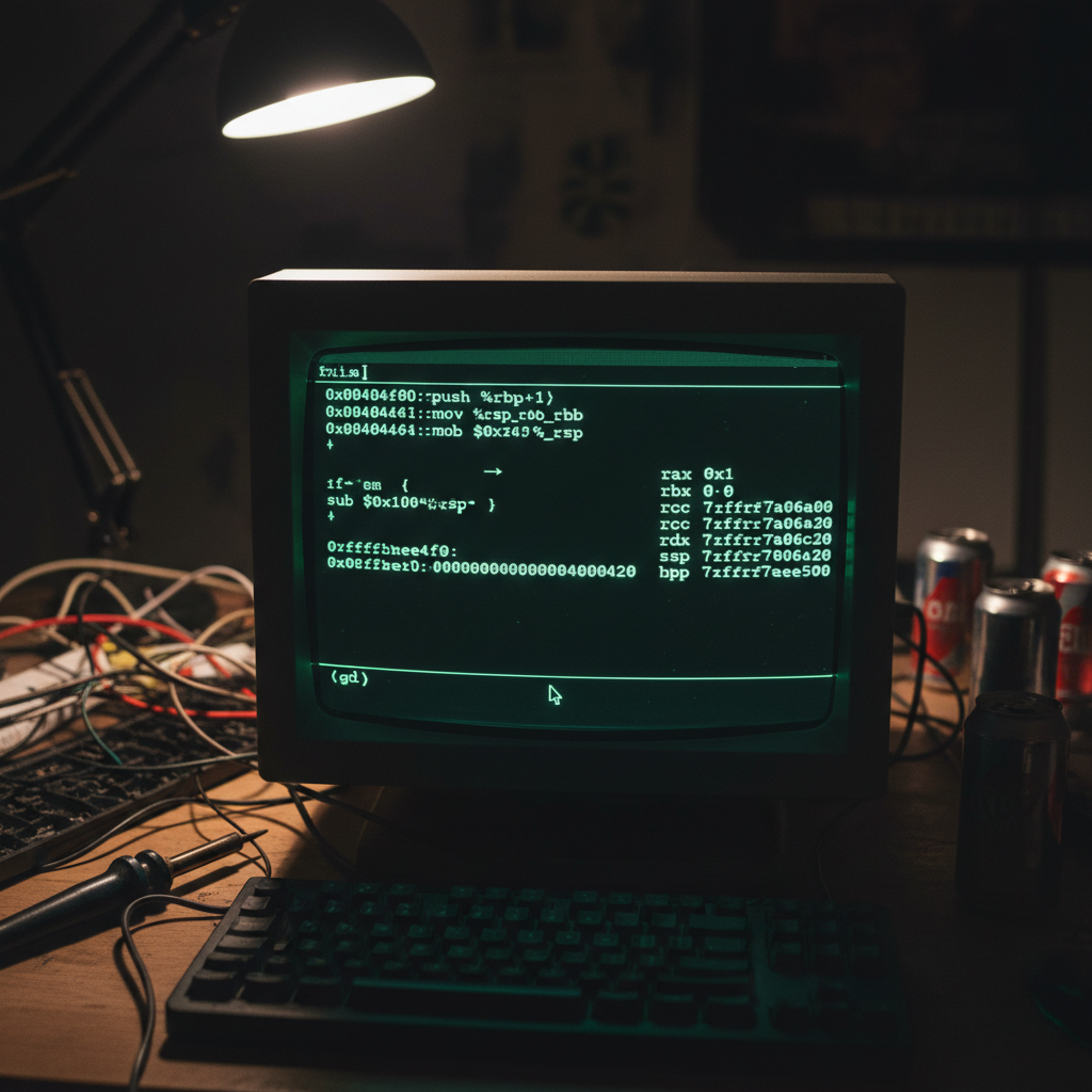 Tela de um terminal exibindo a interface do GDB com código assembly, registradores e a pilha de memória, demonstrando uma sessão de depuração.
