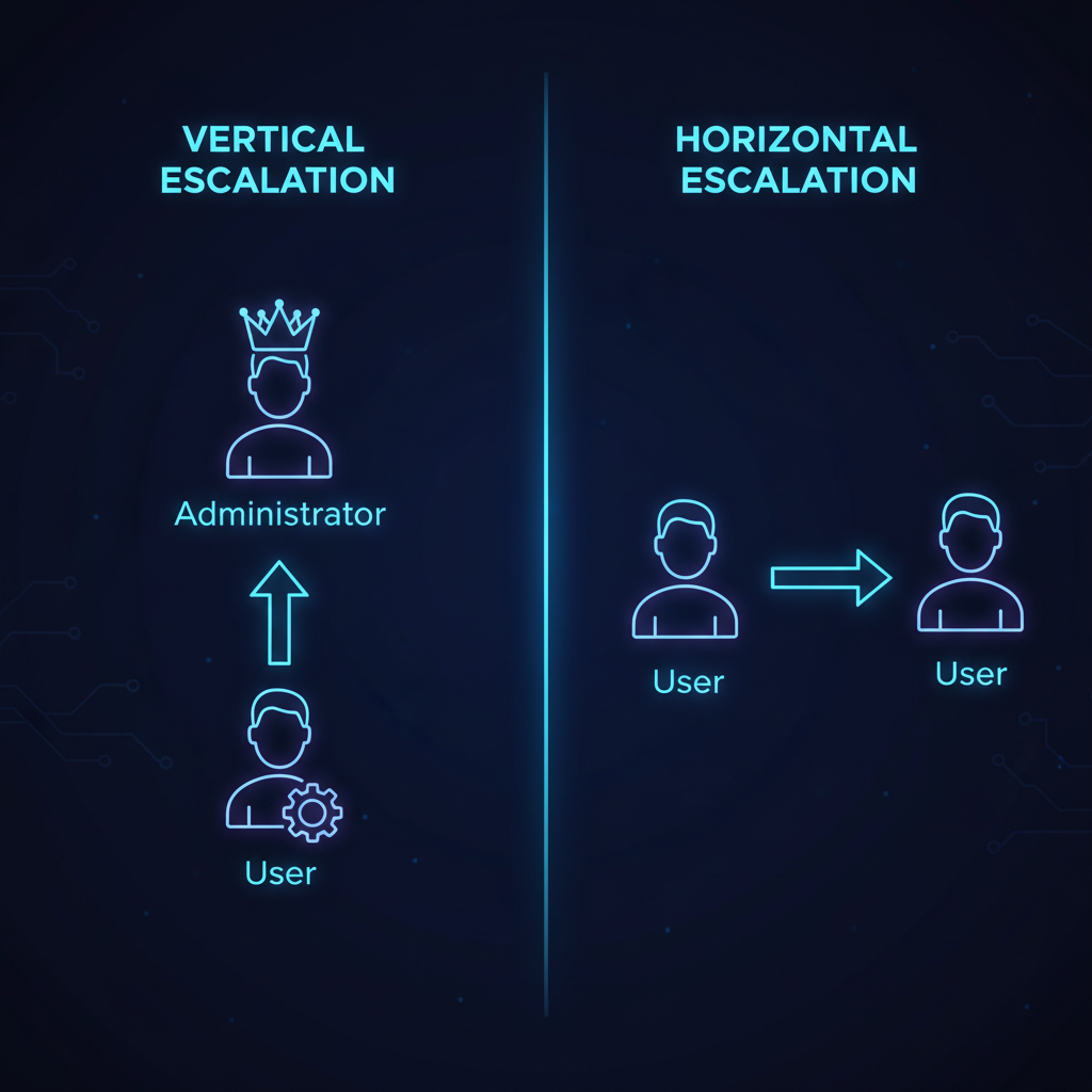 Diagrama explicativo mostrando a diferença entre a escalada de privilégios vertical (para um superusuário) e a horizontal (para outro usuário de mesmo nível).