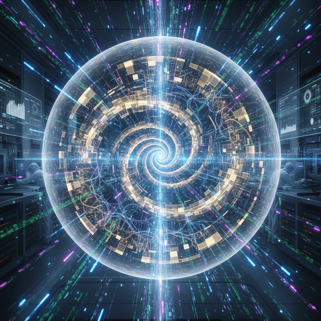 Visualização abstrata de dados sintéticos sendo gerados por IA, com redes neurais brilhantes e fluxos de dados digitais, representando a inovação na privacidade e treinamento de modelos.