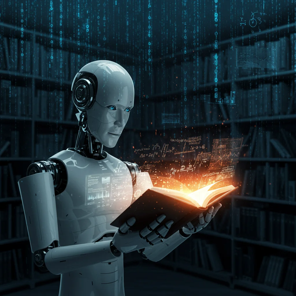 Robot reading a book with complex algorithms in a futuristic library.