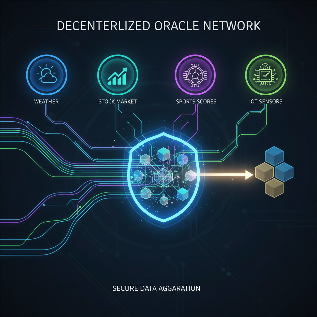 Diagrama de oracles descentralizados Chainlink agregando dados de várias fontes para uma blockchain.