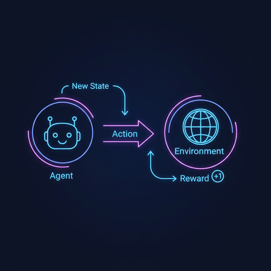 Diagrama ilustrando o ciclo da Aprendizagem por Reforço com os componentes: agente, ação, ambiente, estado e recompensa.