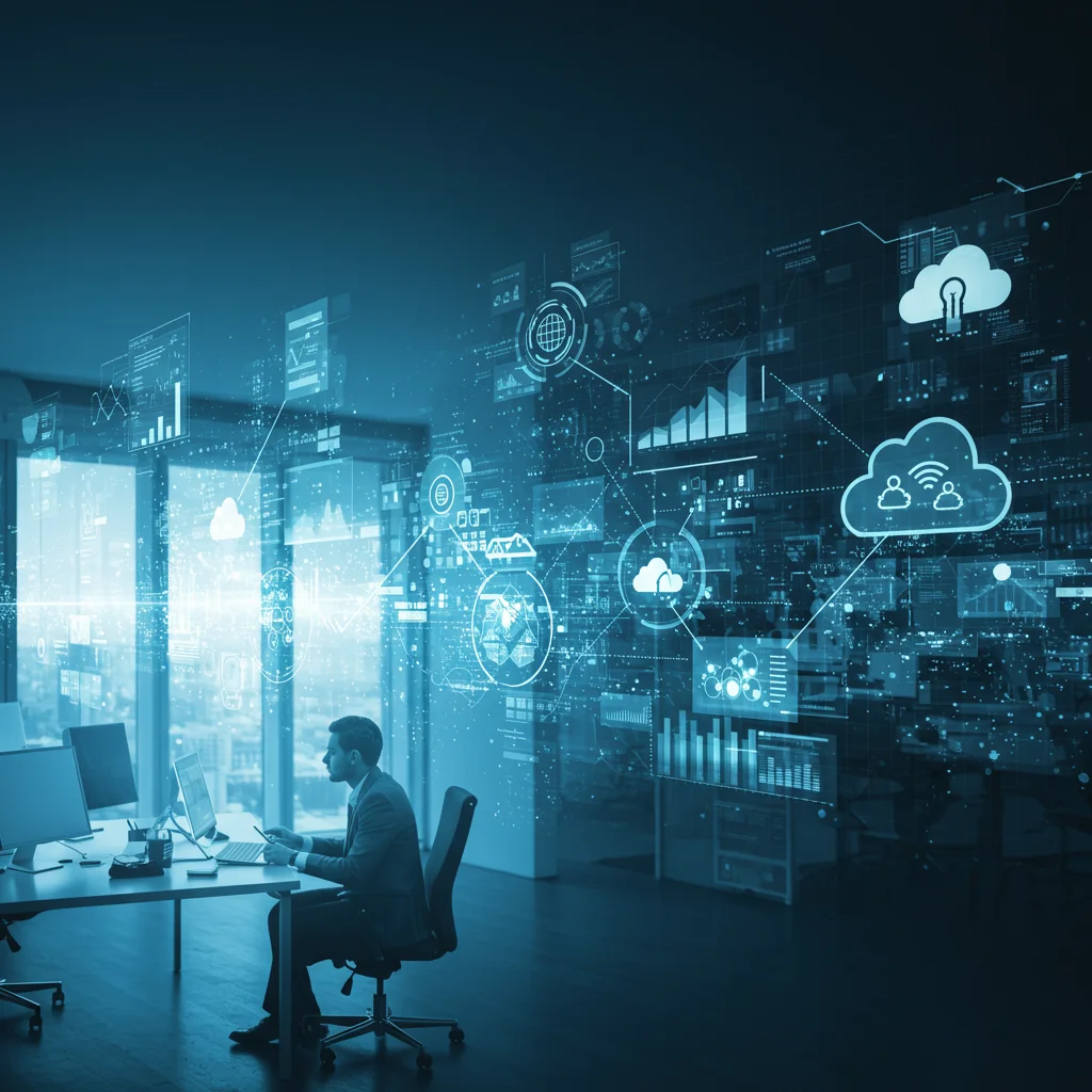 Ilustração representando a transformação digital, mostrando um escritório tradicional se transformando em um espaço de trabalho digital moderno, com fluxos de dados, dispositivos interconectados e pessoas colaborando com tecnologia.