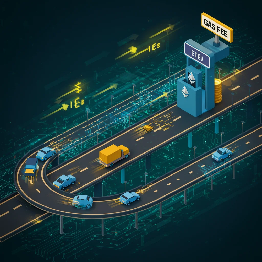 Ilustração representando a Gas Fee. Carros em uma rodovia simbolizam as transações, com velocidades diferentes representando o custo da Gas Fee. Um pedágio com o logo da Ethereum representa o pagamento da taxa.
