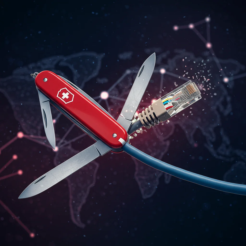 Swiss Army knife transforming into a network cable, representing Netcat.