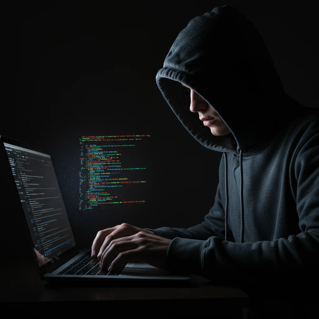 Uma figura encapuzada quebrando senhas em um laptop, simbolizando o cracking de senhas.